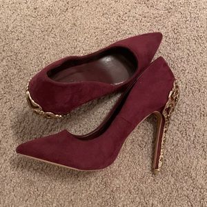 Burgundy and gold heels